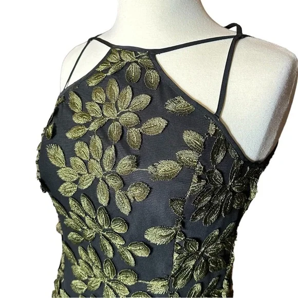 W by Worth Black And Green Embroidered Leaf Lace Shift Midi Dress SZ 0 - Picture 2 of 10